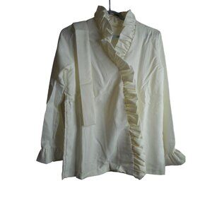 NIB Vintage 1970s Sz M Ruffled white Top snap close Blouse Long Sleeve w/ belt